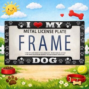 I Love My Dog Metal License Plate Frame Black w/ Red Heart & Paws Dog Lover Pets